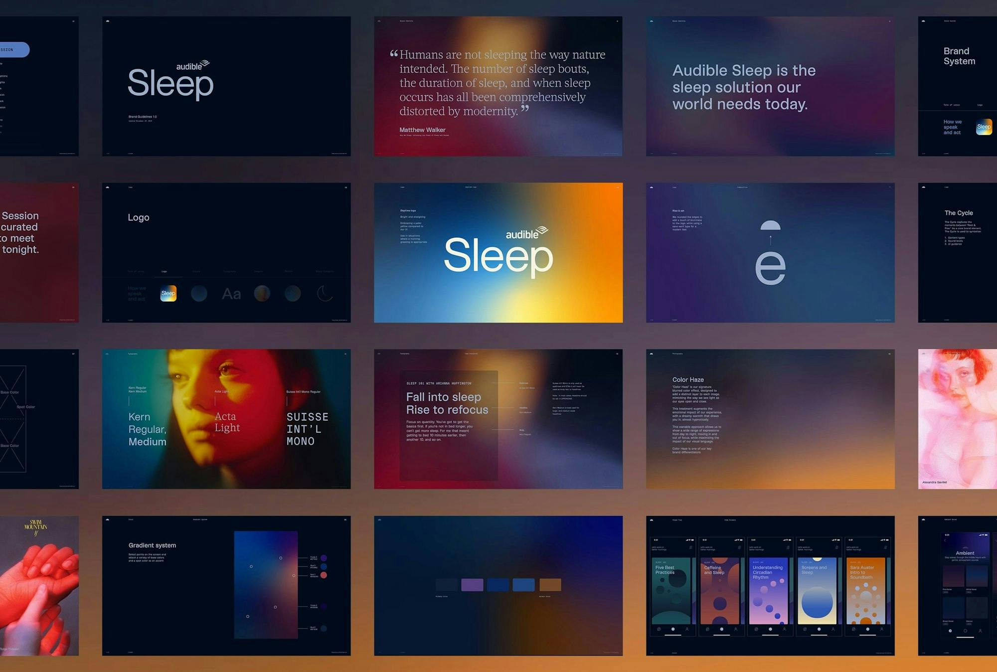 multiple screens showing Audible Sleep color gradients