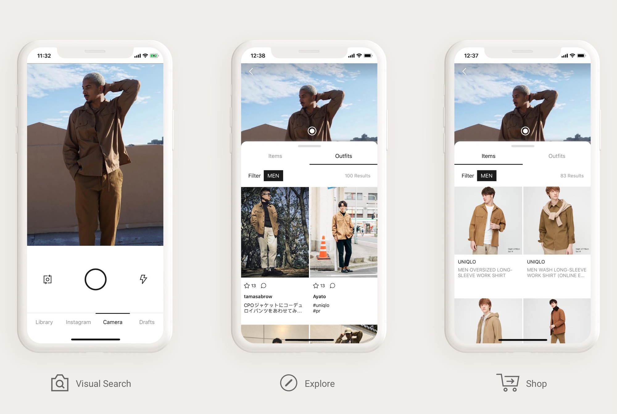 three smartphone screenshots showing how image search works in StyleHint